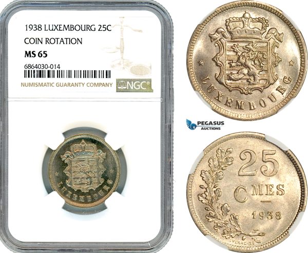 AI776, Luxembourg, 25 Centimes 1938, Coin Rotation, NGC MS65