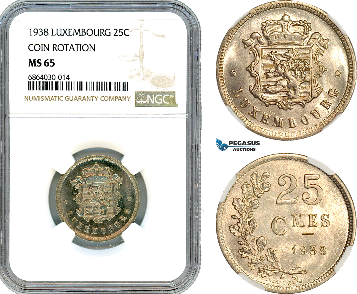 AI776, Luxembourg, 25 Centimes 1938, Coin Rotation, NGC MS65