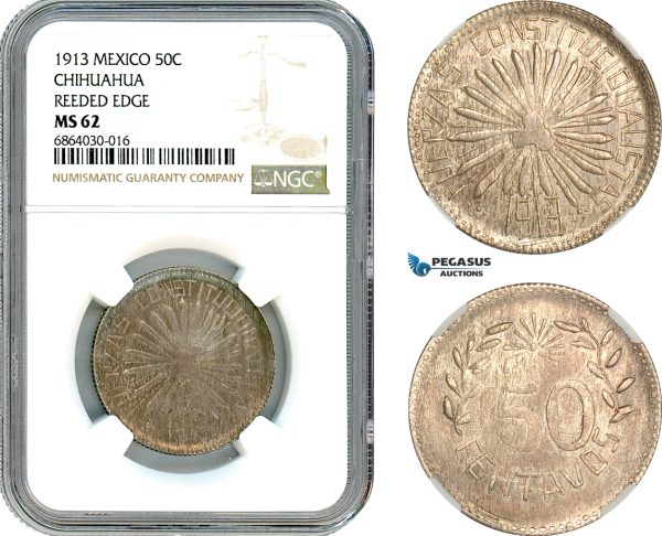 AI777, Mexico, Chihuahua, 50 Centavos 1913, Reeded Edge, Silver, NGC MS62