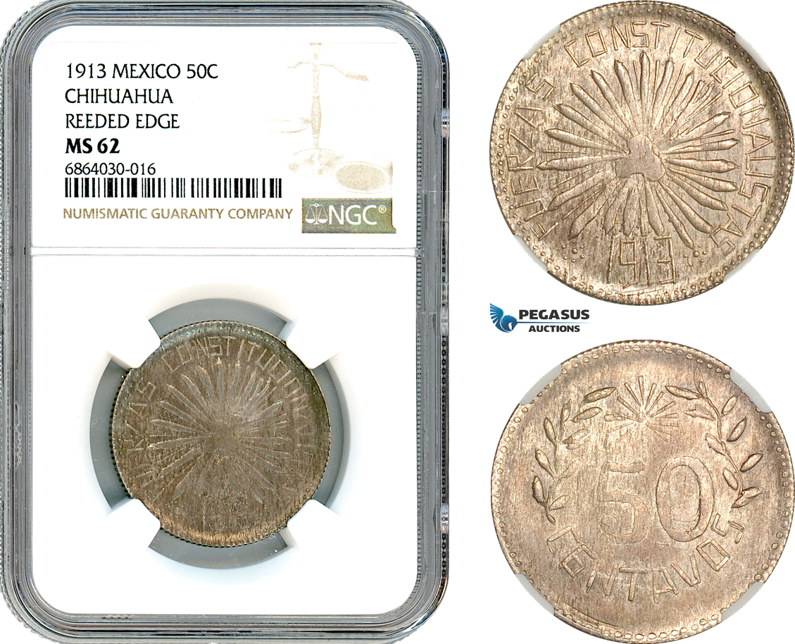 AI777, Mexico, Chihuahua, 50 Centavos 1913, Reeded Edge, Silver, NGC MS62