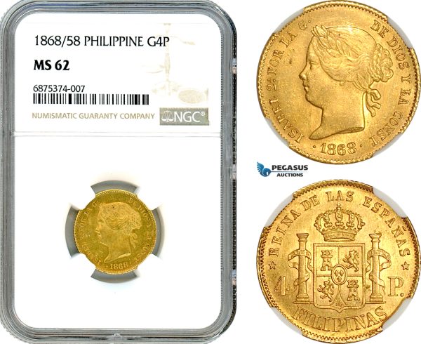 AI780, Philippines, Spanish Administration, Isabel II, 4 Pesos 1868/58, Manila Mint,Gold, NGC MS62