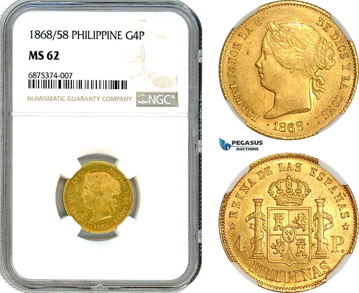 AI780, Philippines, Spanish Administration, Isabel II, 4 Pesos 1868/58, Manila Mint,Gold, NGC MS62