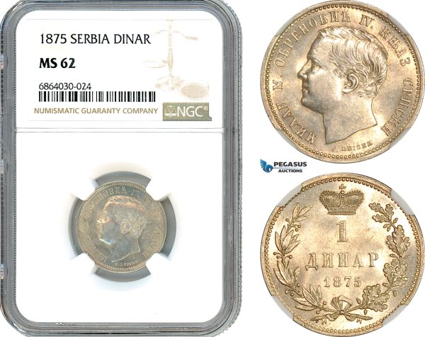 AI789, Serbia, Milan I. Obrenovic, 1 Dinar 1875, Silver, NGC MS62