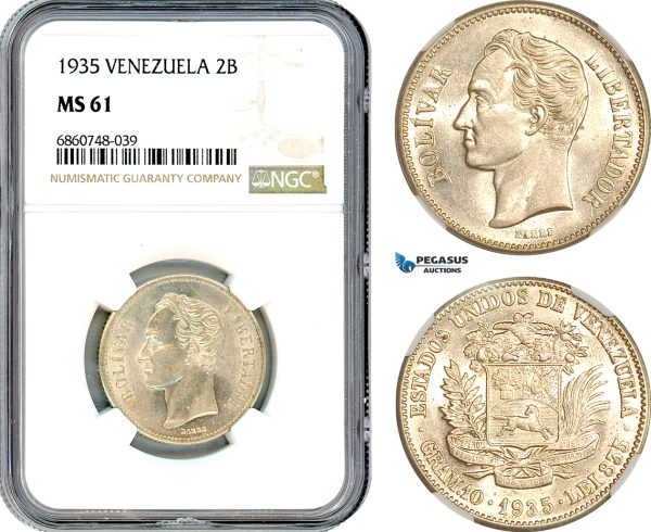 AI797, Venezuela, 2 Bolivares 1935, Philadelphia Mint, Silver, NGC MS61