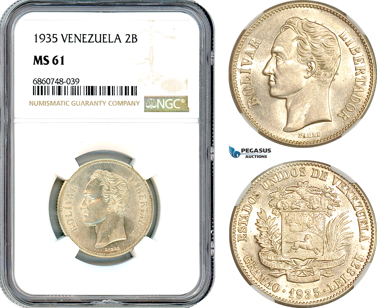 AI797, Venezuela, 2 Bolivares 1935, Philadelphia Mint, Silver, NGC MS61
