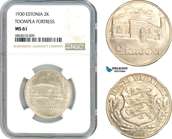 AI806, Estonia, 2 Krooni 1930 "Toompea Fortress" Silver, NGC MS61