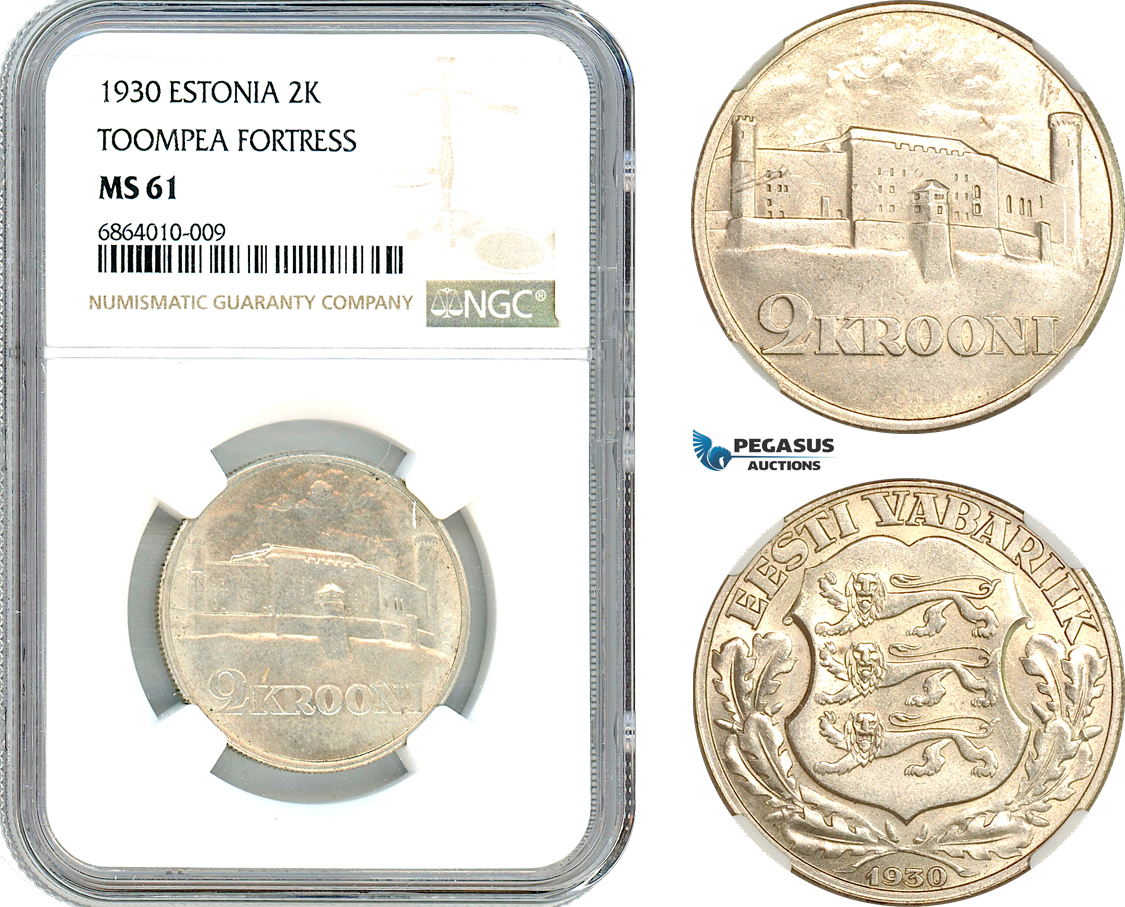 AI806, Estonia, 2 Krooni 1930 "Toompea Fortress" Silver, NGC MS61