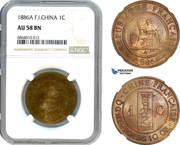 AI810, French Indo-China, 1 Centime 1886 A, Paris Mint, NGC AU58BN