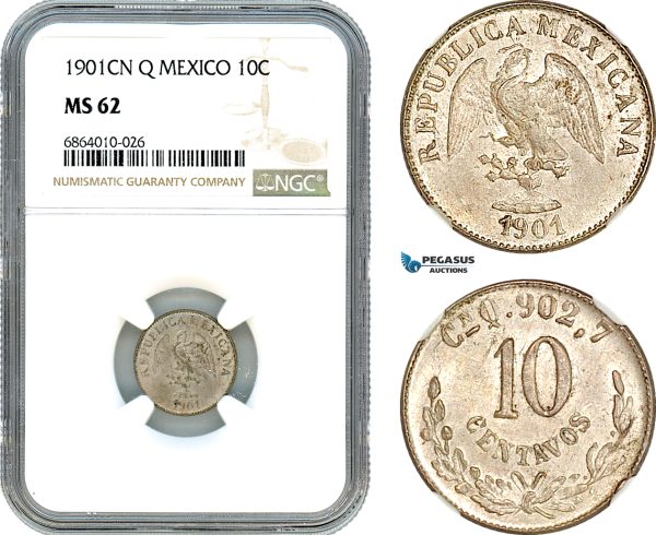 AI823, Mexico, 10 Centavos 1901 CN Q, Silver, NGC MS62