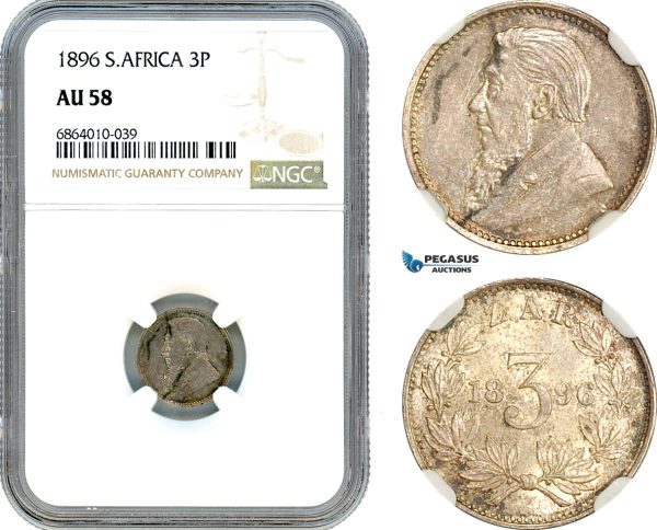 AI837, South Africa (ZAR) 3 Pence 1896, Silver, NGC AU58