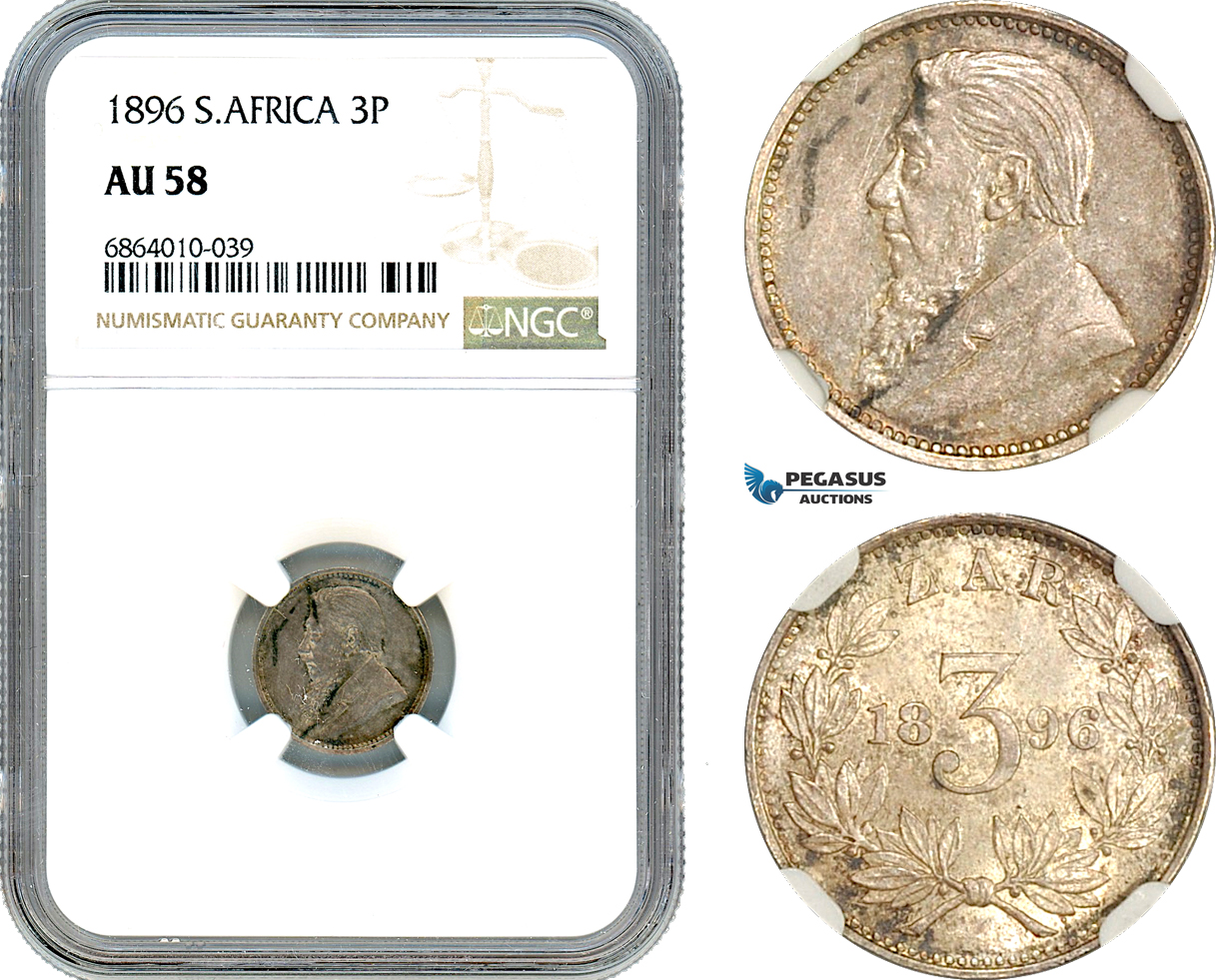 AI837, South Africa (ZAR) 3 Pence 1896, Silver, NGC AU58
