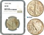 AI844, United States, Walking Liberty Half Dollar (50C) 1918 S, San Francisco Mint, Silver, NGC AU58