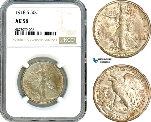AI844, United States, Walking Liberty Half Dollar (50C) 1918 S, San Francisco Mint, Silver, NGC AU58