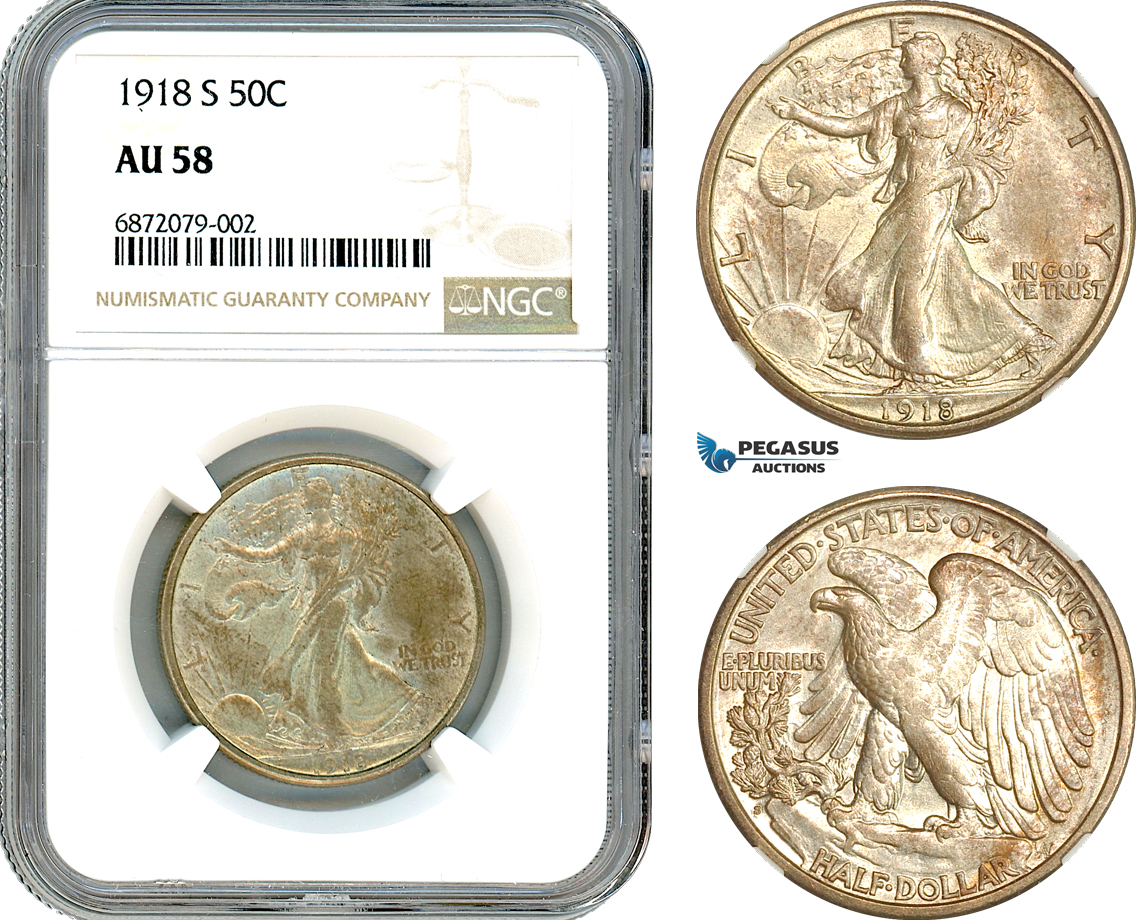 AI844, United States, Walking Liberty Half Dollar (50C) 1918 S, San Francisco Mint, Silver, NGC AU58