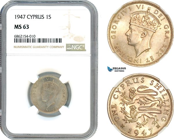 AI854, Cyprus, George VI, 1 Shilling 1947, London Mint, NGC MS63