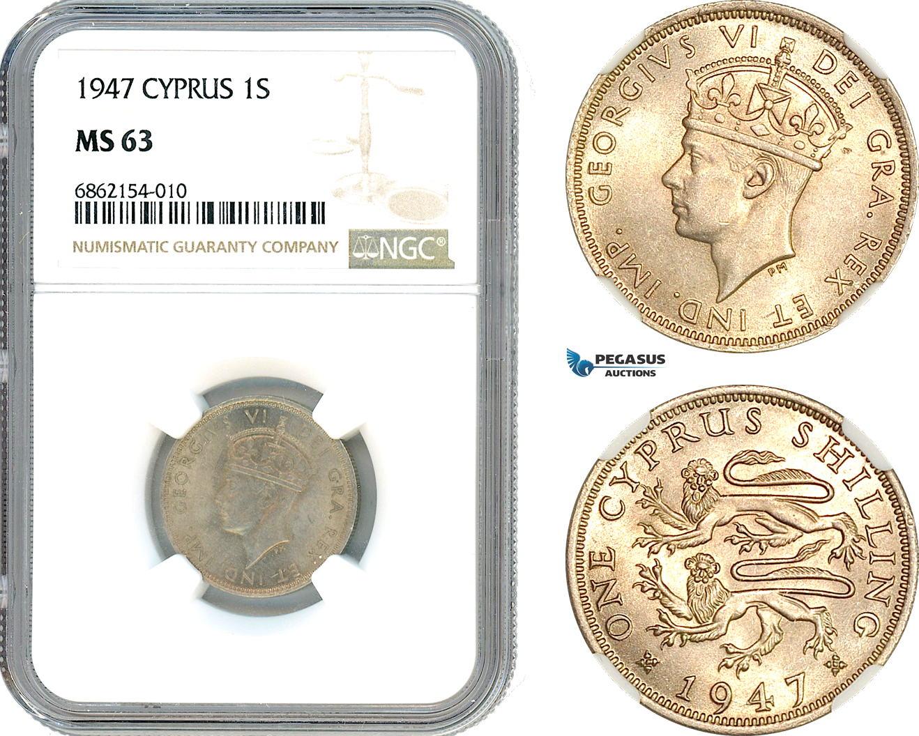 AI854, Cyprus, George VI, 1 Shilling 1947, London Mint, NGC MS63