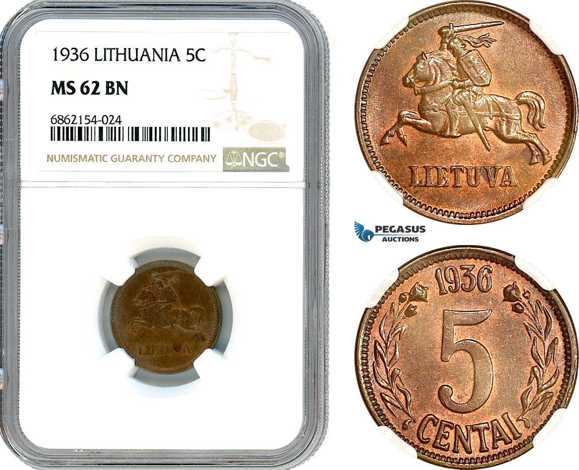 AI873, Lithuania, 5 Centai 1936, NGC MS62BN