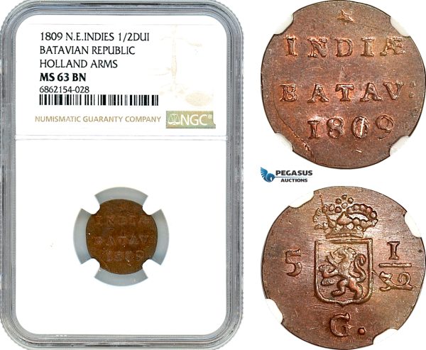 AI874, Netherlands East Indies, Batavian Rep. 1/2 Duit 1809, Holland Arms, NGC MS63BN