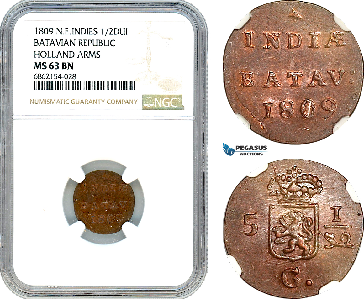 AI874, Netherlands East Indies, Batavian Rep. 1/2 Duit 1809, Holland Arms, NGC MS63BN