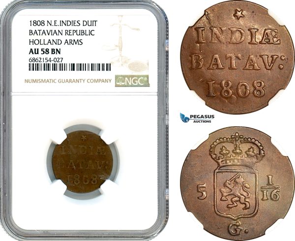 AI875, Netherlands East Indies, Batavian Rep. 1 Duit 1808, Holland Arms, NGC AU58BN