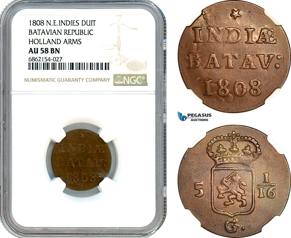 AI875, Netherlands East Indies, Batavian Rep. 1 Duit 1808, Holland Arms, NGC AU58BN