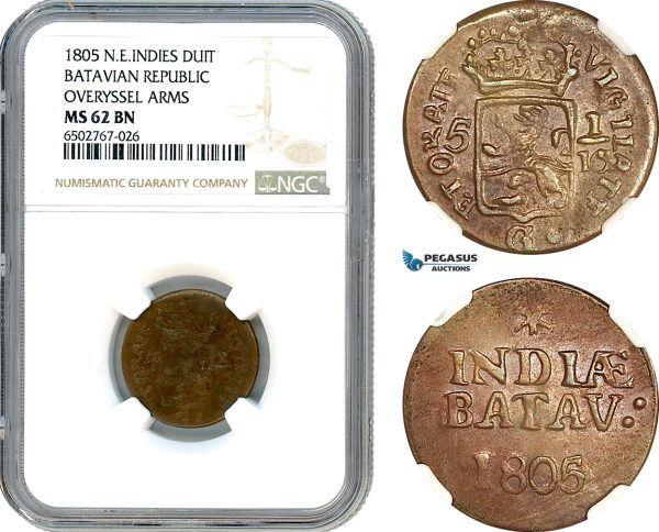 AI876, Netherlands East Indies, Batavian Rep. 1 Duit 1805, Overyssel Arms, NGC MS62BN