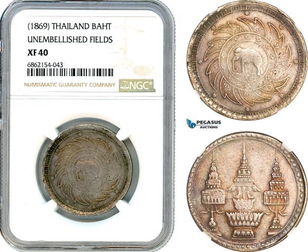 AI891, Thailand, Rama V, 1 Baht ND (1869) Silver, Unembellished Fields, NGC XF40