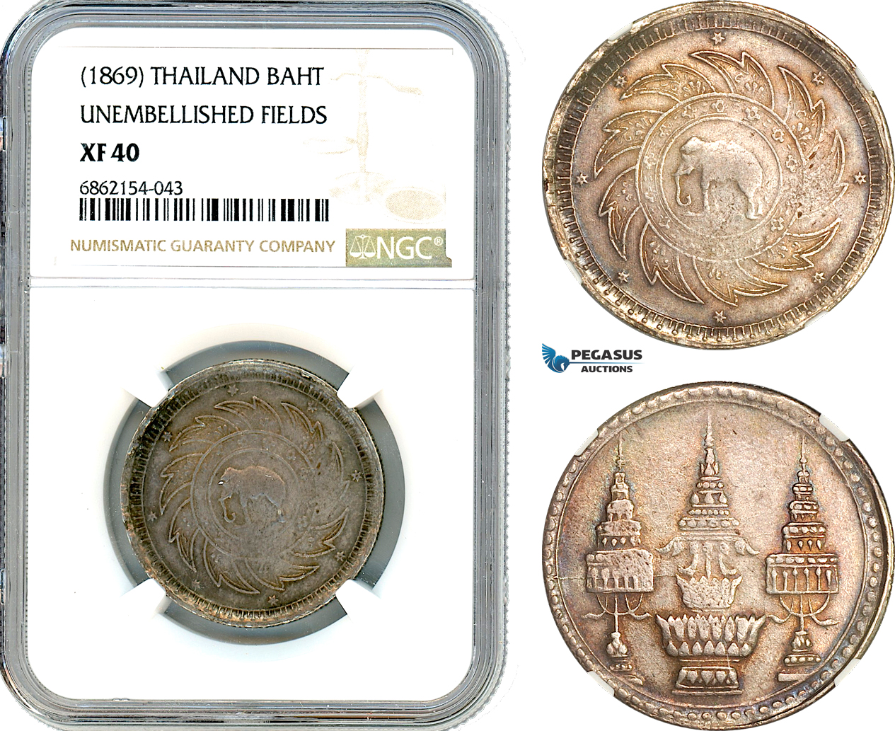 AI891, Thailand, Rama V, 1 Baht ND (1869) Silver, Unembellished Fields, NGC XF40