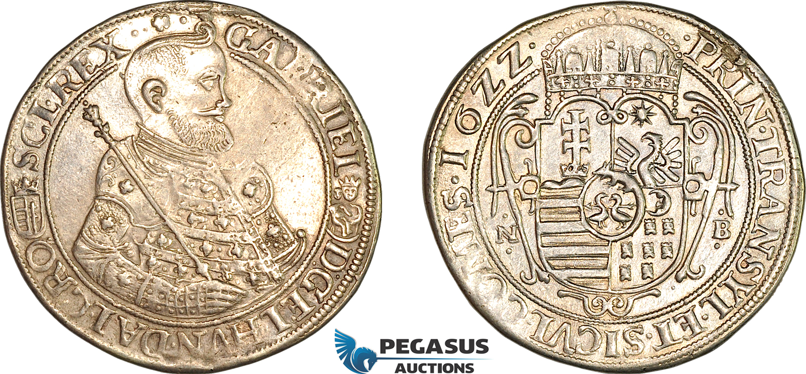 AI892, Transylvania, Gabriel Bethlen, 1 Taler 1622 N B, Nagybanya Mint, Silver, Ex. Mount, VF, Rare!