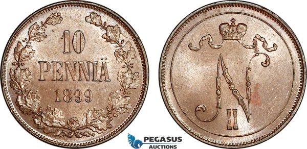 AI906, Finland, Nicholas II. of Russia, 10 Penniä 1899, Small spot, AU-UNC