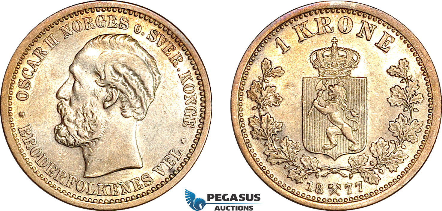 AI910, Norway, Oscar II, 1 Krone 1877, Kongsberg Mint, Silver, Toned AU