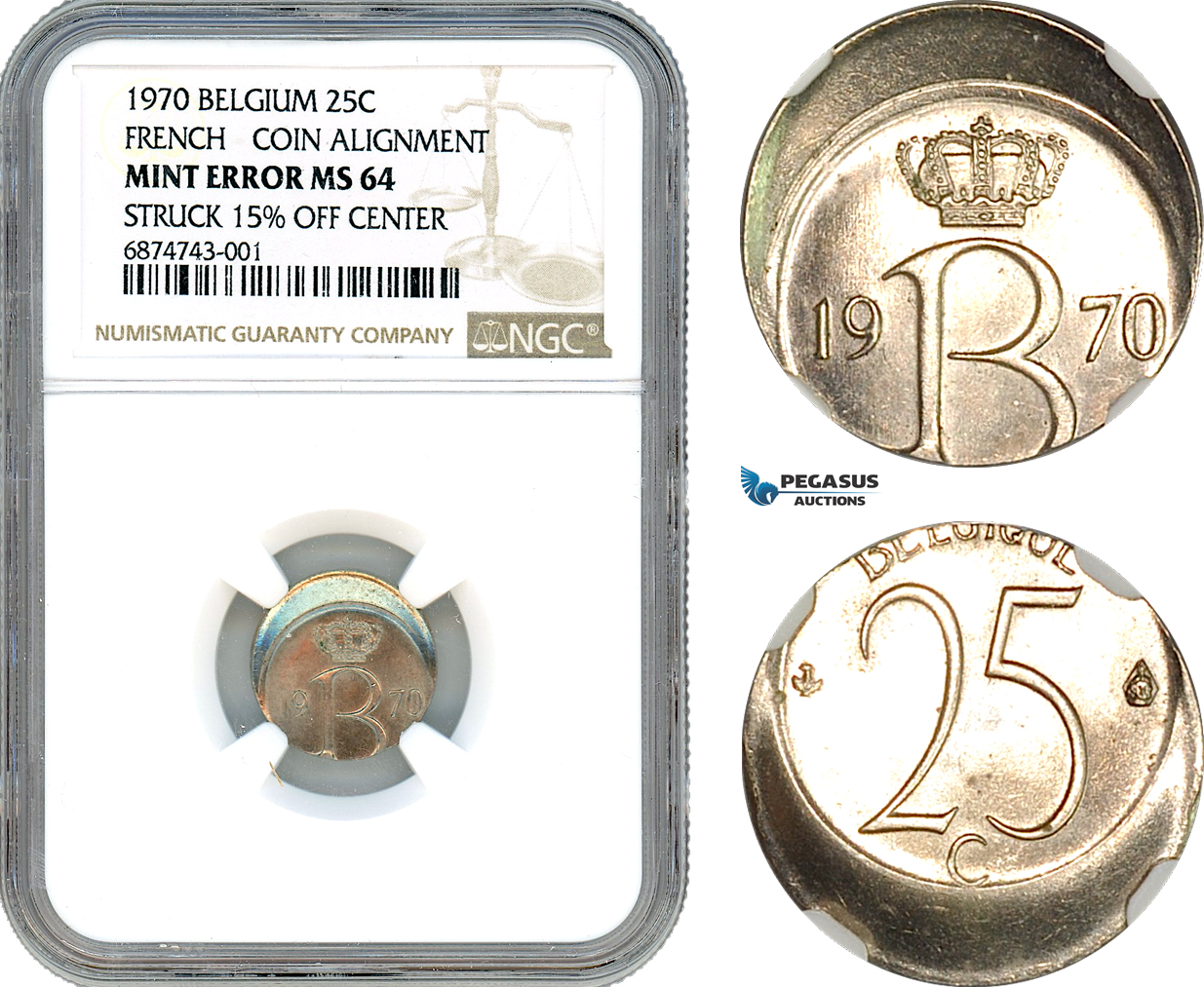 AI921, Belgium, Baudouin I, 25 Centimes 1970, Coin Alignment, Mint Error Struck 15% Off Center, French Text, NGC MS64