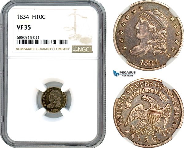 AI947, United States, Liberty Cap Half Dime (5 Cents) 1834, Philadelphia Mint, NGC VF35