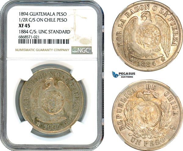 AI970, Guatemala, Peso, 1/2 Real Counterstamp of 1894 on a Chile 1 Peso 1884, NGC XF45, c/s UNC Standard
