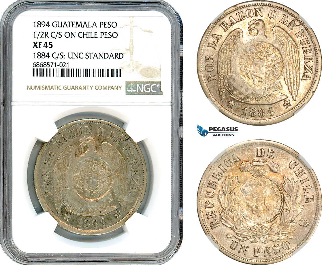 AI970, Guatemala, Peso, 1/2 Real Counterstamp of 1894 on a Chile 1 Peso 1884, NGC XF45, c/s UNC Standard