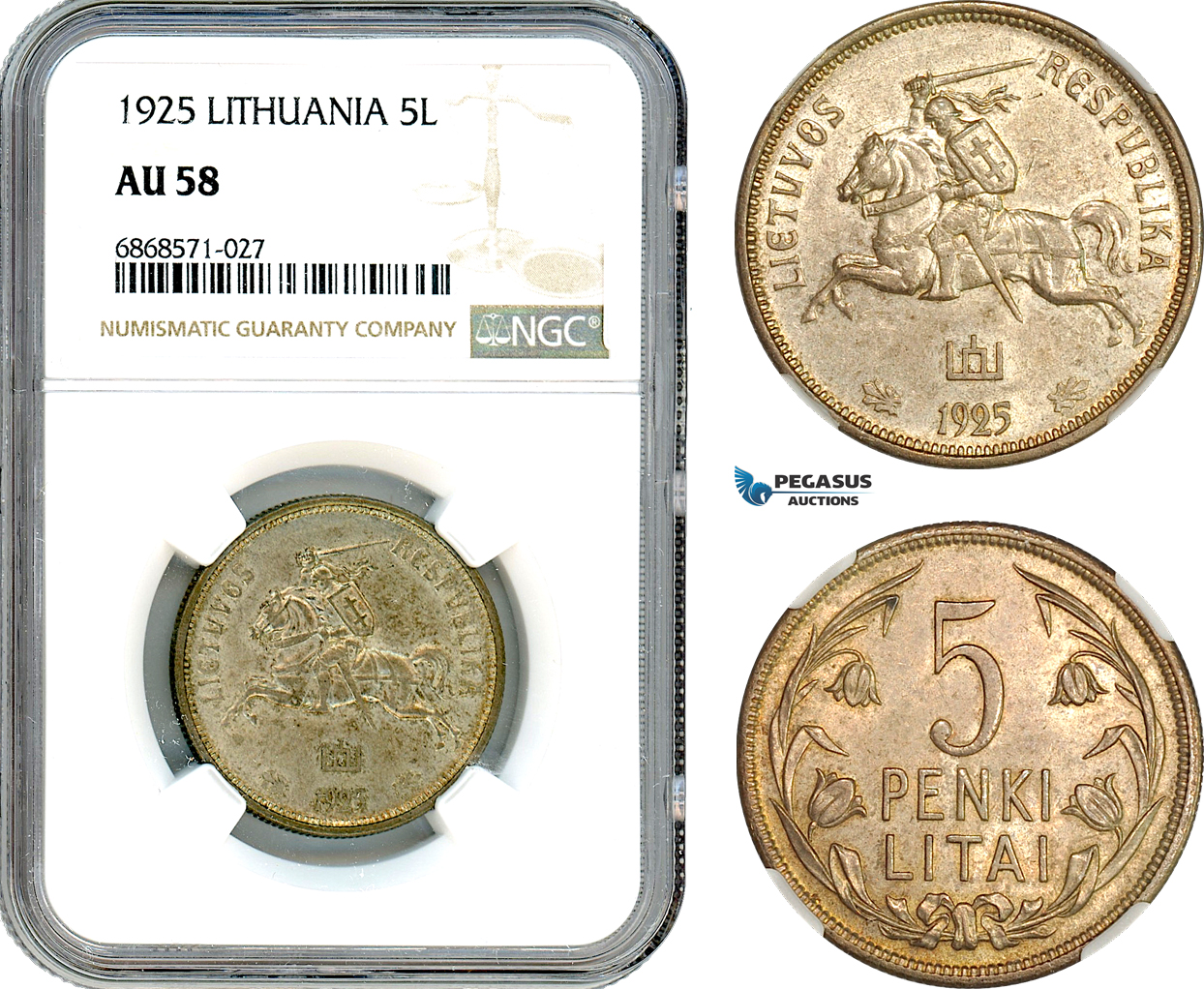 AI976, Lithuania, 5 Litai 1925, Silver, NGC AU58