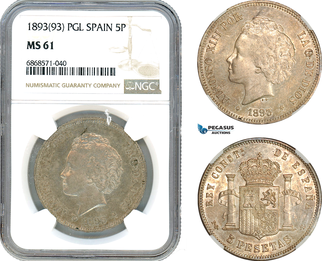 AI984, Spain, Alfonso XIII, 5 Pesetas 1893 (93) PGL, Madrid Mint, Silver, NGC MS61