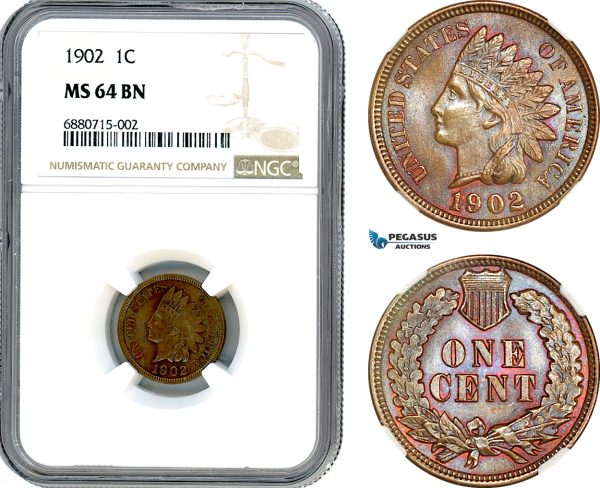 AI989, United States, Indian Head Cent 1902, Philadelphia Mint, NGC MS64BN