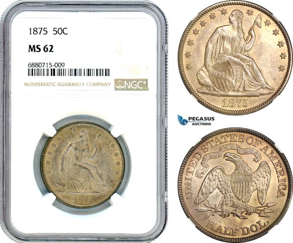 AI991, United States, Seated Liberty Half Dollar (50c) 1875, Philadelphia Mint, Silver, NGC MS62