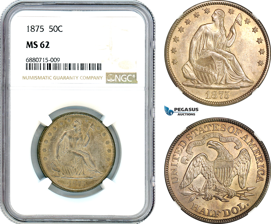 AI991, United States, Seated Liberty Half Dollar (50c) 1875, Philadelphia Mint, Silver, NGC MS62