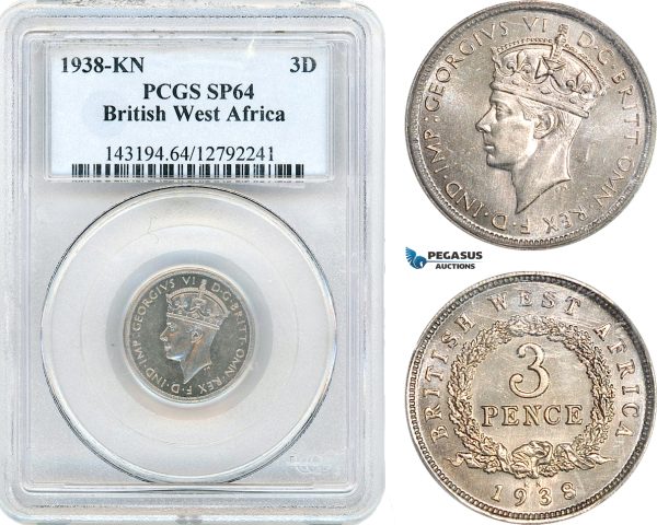 AI994, British West Africa, George VI, 3 Pence 1938 KN, King Norton Mint, Cooper-Nickel, KM# 21, PCGS SP64