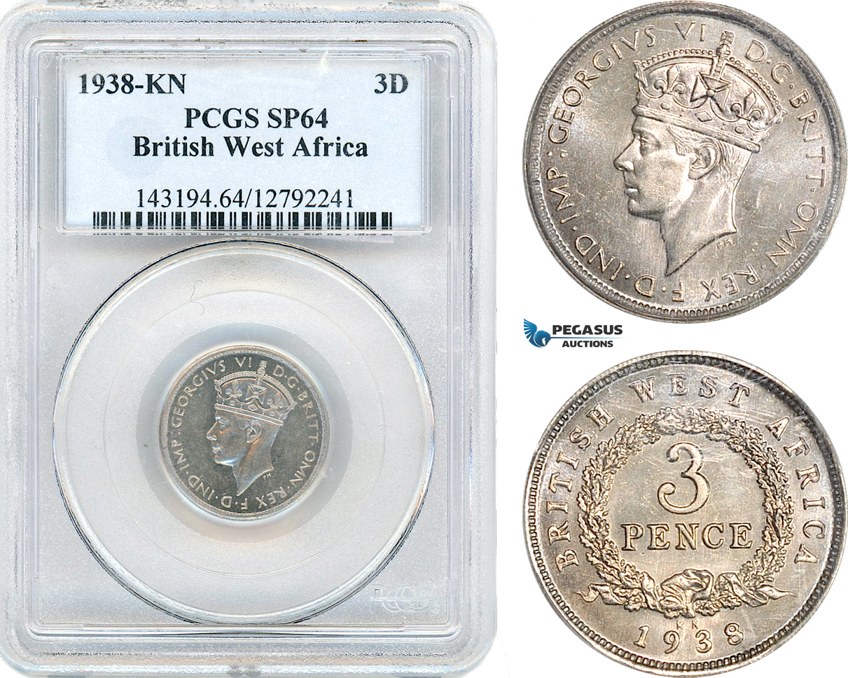 AI994, British West Africa, George VI, 3 Pence 1938 KN, King Norton Mint, Cooper-Nickel, KM# 21, PCGS SP64
