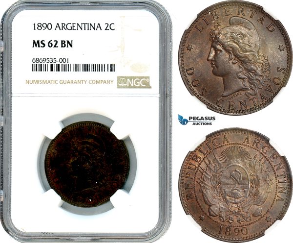 AJ005, Argentina, 2 Centavos 1890, NGC MS62BN