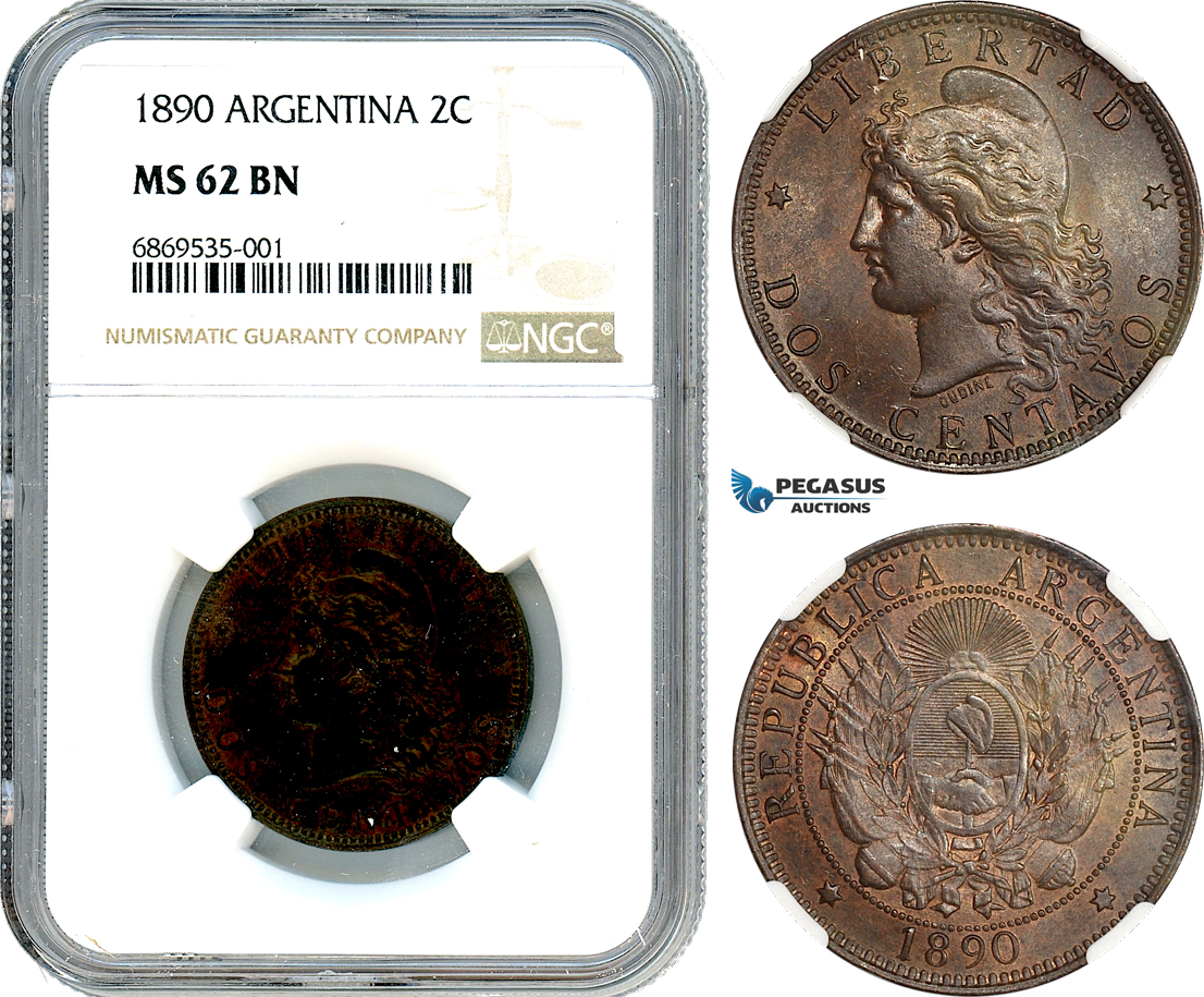 AJ005, Argentina, 2 Centavos 1890, NGC MS62BN