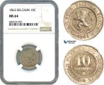 AJ006, Belgium, Leopold I, 10 Centimes 1863, Brussels Mint, NGC MS64