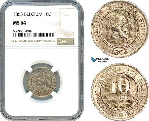 AJ006, Belgium, Leopold I, 10 Centimes 1863, Brussels Mint, NGC MS64