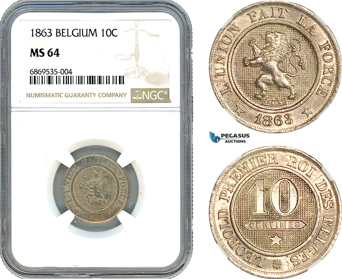 AJ006, Belgium, Leopold I, 10 Centimes 1863, Brussels Mint, NGC MS64