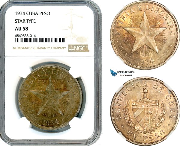 AJ011, Cuba, "Star Type" Peso 1934, Philadelphia Mint, Silver, NGC AU58