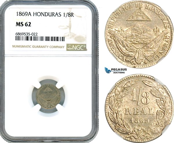 AJ015, Honduras, 1/8 Real 1869 A, Paris Mint, NGC MS62