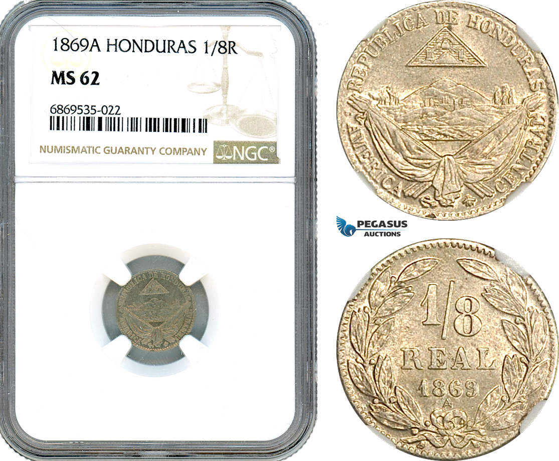 AJ015, Honduras, 1/8 Real 1869 A, Paris Mint, NGC MS62